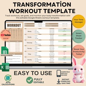 Transformation Workout Template, Fitness Planner, Google Sheets, Digital Download, Editable Gym Tracker, Home Workout,