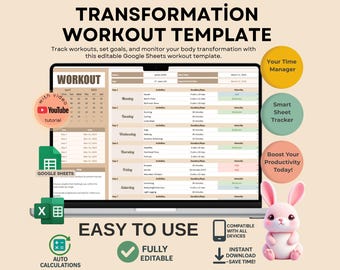 Transformation Workout Template, Fitness Planner, Google Sheets, Digital Download, Editable Gym Tracker, Home Workout,