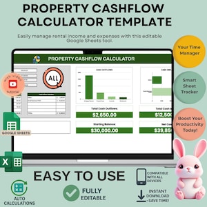 May include: A laptop screen displays a property cashflow calculator template. The design includes charts, financial data, and the text "PROPERTY CASHFLOW CALCULATOR TEMPLATE." Additional elements include a pink bunny, icons, and the text "EASY TO USE."