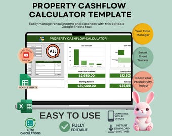 May include: A laptop screen shows a property cashflow calculator template with charts and financial data. The text "PROPERTY CASHFLOW CALCULATOR TEMPLATE" is visible. Other elements include a pink bunny, icons, and the words "EASY TO USE."