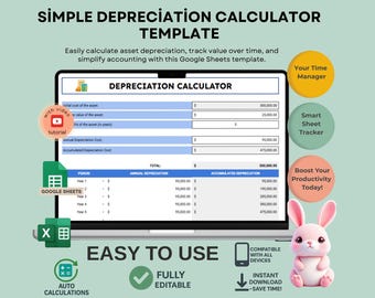 Plantilla de calculadora de depreciación, editable en Hojas de Cálculo de Google (descarga digital)