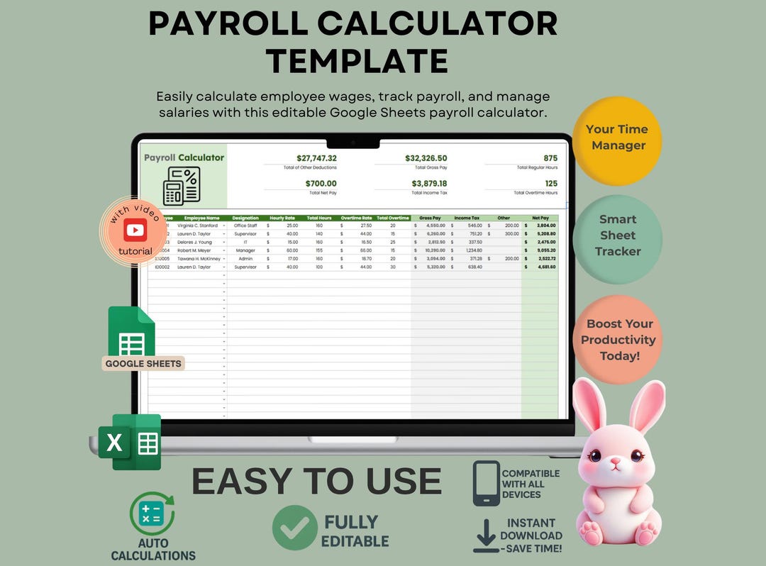 Google Sheets Payroll Calculator, Employee Wage Tracker (digital ...