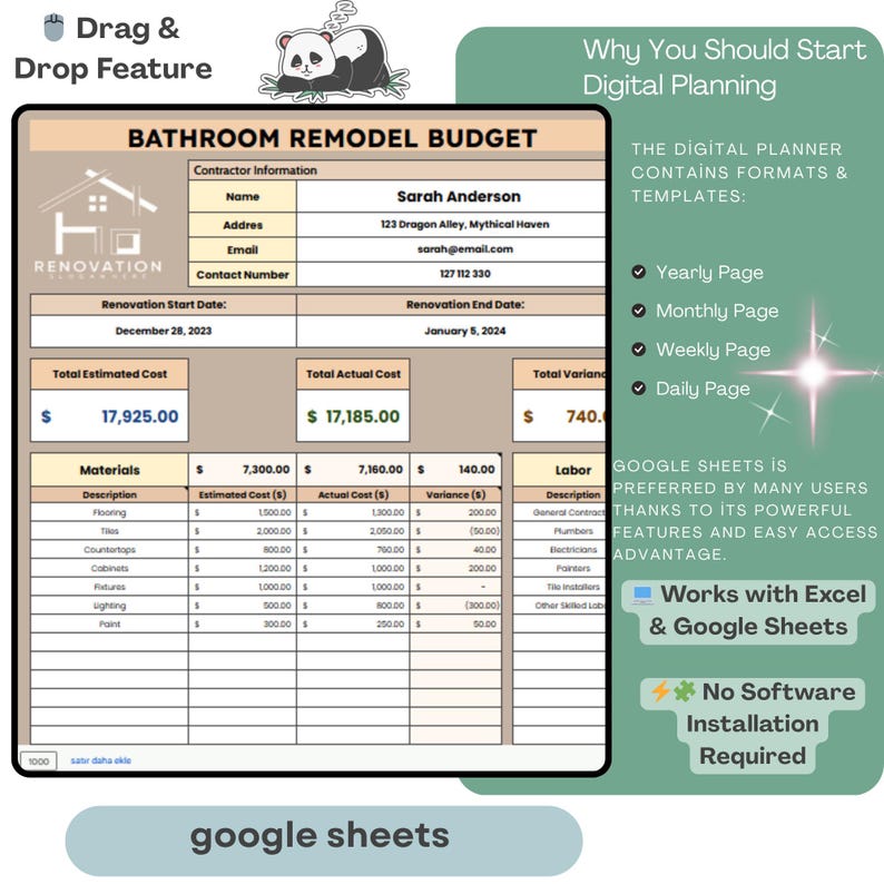 Bathroom Remodel Budget Template: Google Sheets Renovation Tracker ...