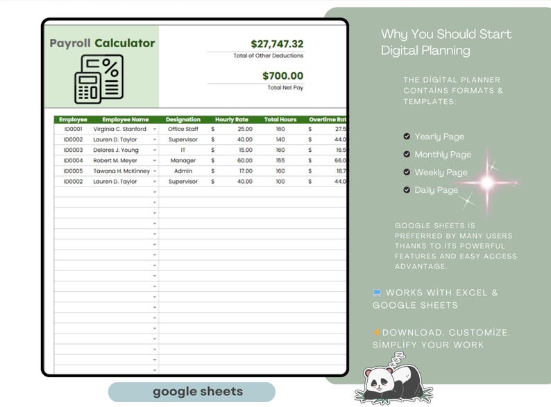 Google Sheets Payroll Calculator, Employee Wage Tracker (digital ...