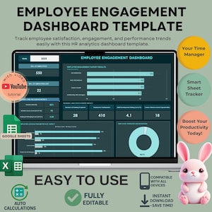 Pode incluir: Um ecrã de computador portátil exibe um modelo de painel de controlo de envolvimento dos funcionários. O ecrã mostra gráficos e visualizações de dados, com o texto "Employee Engagement Dashboard Template". Ícones do YouTube, Google Sheets e Excel também são visíveis.