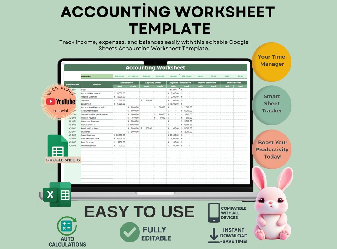 Accounting Worksheet Template Google Sheets, Editable Financial Tracker ...