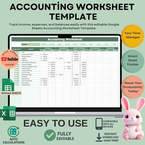 Accounting Worksheet Template Google Sheets, Editable Financial Tracker for Income, Expenses and Monthly Balances