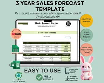 Forecast sales, revenue and growth over 3 years with an editable Google Sheets template
