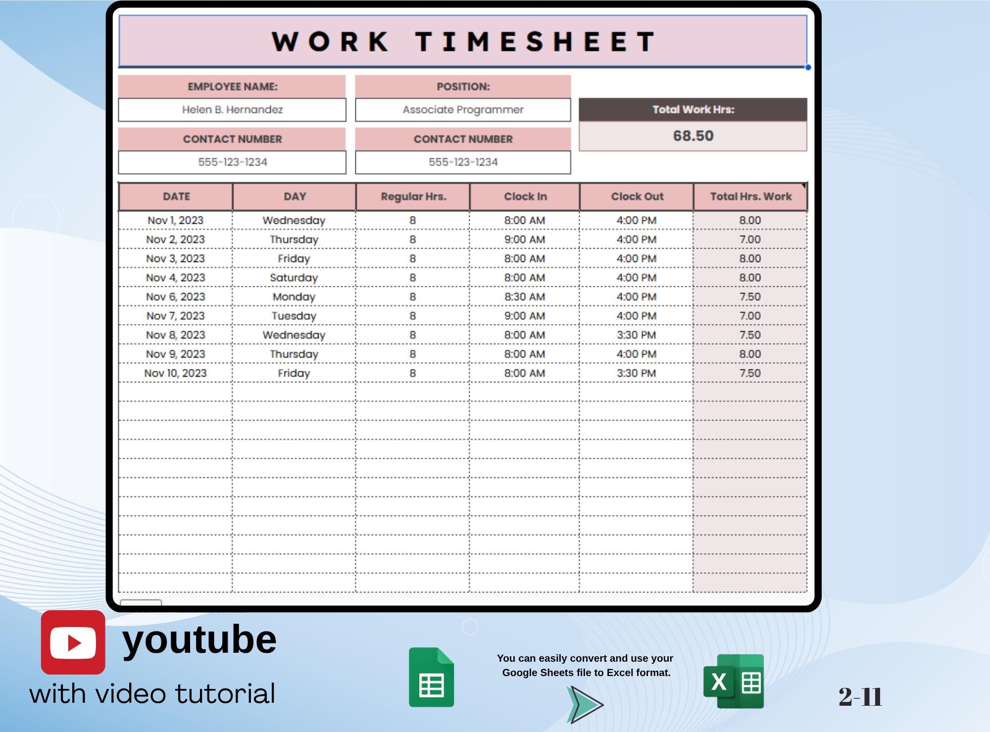 Work Timesheet Template for Employee Time Tracking, Editable Google ...