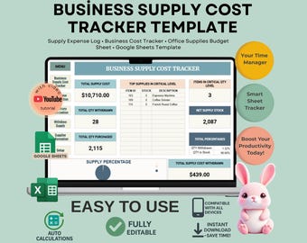 Business Supply Cost Tracker Template | Expense Log | Small Business Supplies Budget Google Sheets