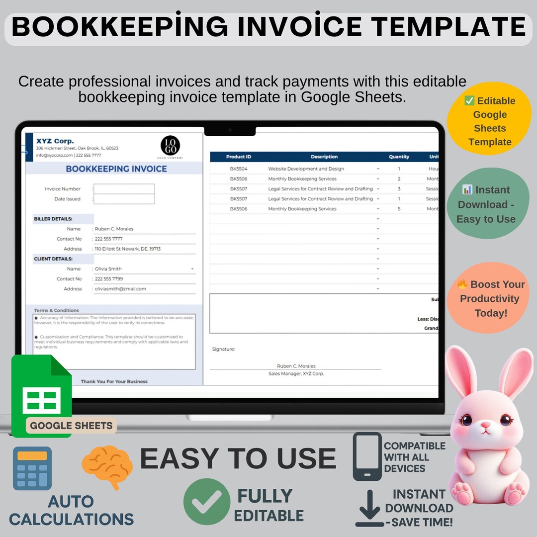 Bookkeeping Invoice Template for Small Business, Editable Google Sheets ...
