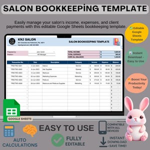 Salon Bookkeeping Template Google Sheets, Editable Income and Expense Tracker for Hairdressers, Beauty Salons and Spa Business Owners