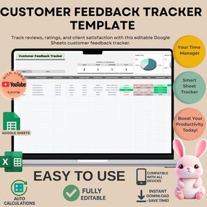 Puede incluir: Una computadora portátil muestra una plantilla de seguimiento de comentarios de clientes. La pantalla muestra una hoja de cálculo con datos y un gráfico circular. También hay iconos de YouTube, Google Sheets, Excel y un conejito rosa. El texto dice "Customer Feedback Tracker Template."