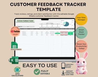 Mall för kundfeedbackspårning för affärsinsikter, redigerbara Google Sheets, digital nedladdning