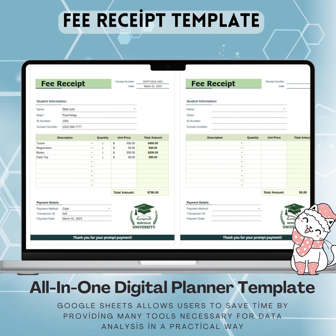 Fee Receipt Template | Editable Payment Receipt | Google Sheets ...