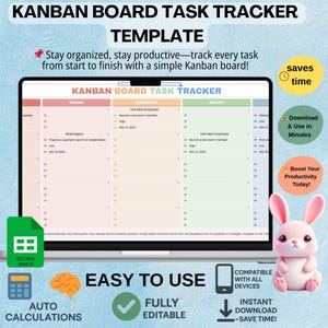 Kanban Board Aufgaben-Tracker-Vorlage, bearbeitbare Google Sheets zum Organisieren von Aufgaben und Arbeitsablauf, digitaler Download für Team-Projektleiter