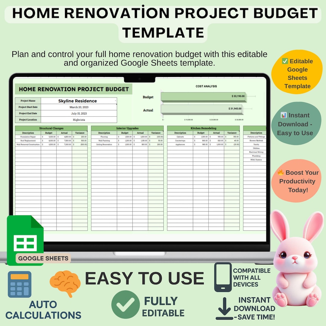 Photo inspiration: Picture Idea: Home Renovation Project Budget Template Google Sheets Editable Remodel