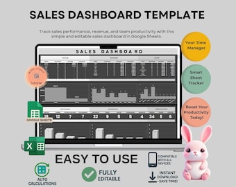 Sales Dashboard Template for Revenue Tracking, Editable Google Sheets, Digital Download