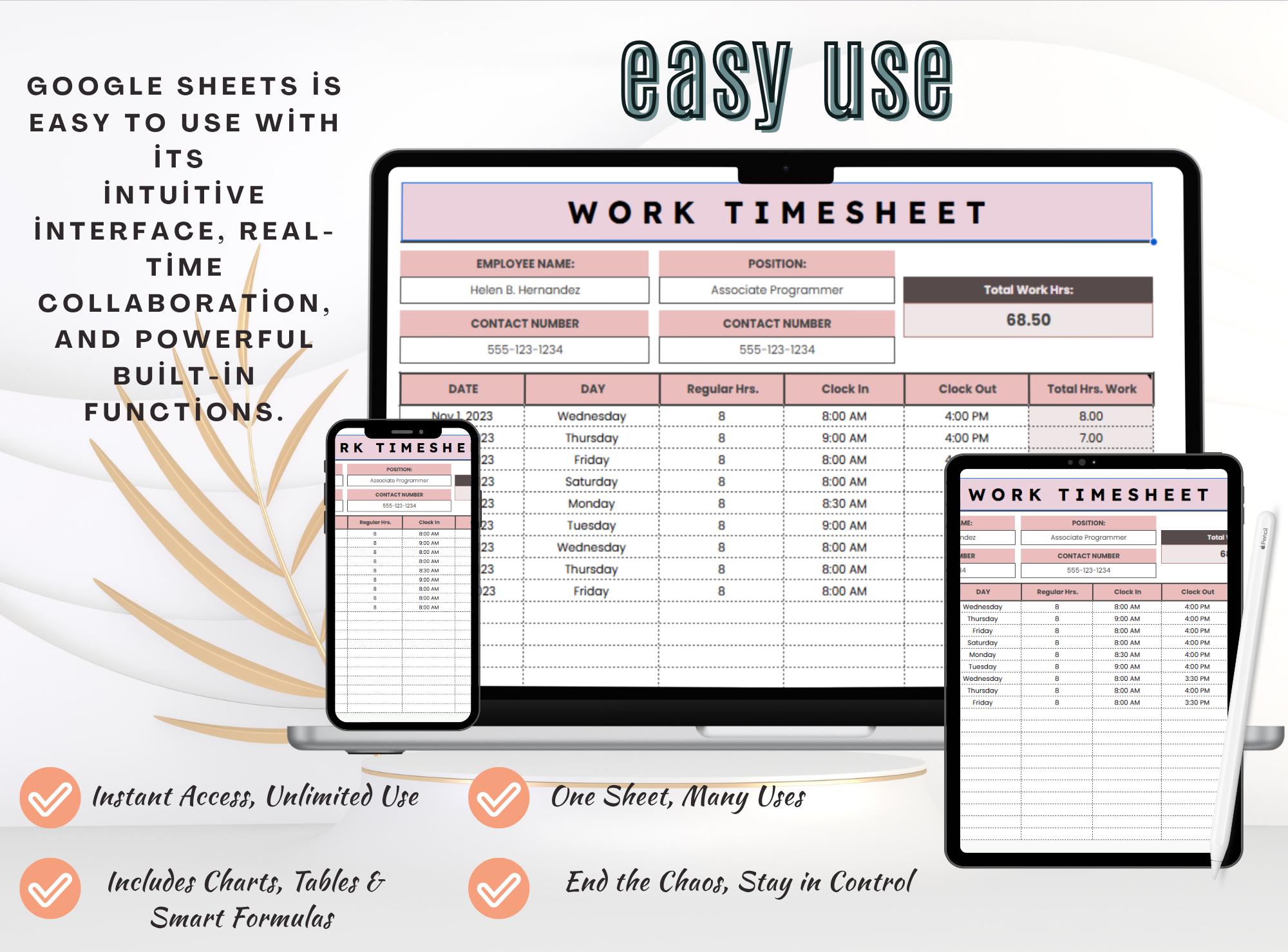 Work Timesheet Template for Employee Time Tracking, Editable Google ...