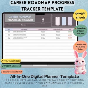 Könnte beinhalten: Ein Laptop-Bildschirm zeigt eine Google Sheets-Vorlage für einen Karriere-Roadmap-Fortschritts-Tracker. Die Vorlage enthält Spalten für Jahr, Karriere-Meilensteine, Zieltermin, tatsächlicher Termin und Status. Die Vorlage trägt den Titel "Karriere-Roadmap-Fortschritts-Tracker" und enthält ein Diagramm, das den Fortschritt in Richtung der Ziele zeigt. Der Text "Google Sheets" und "Download & Use in Minutes" ist ebenfalls auf dem Bildschirm zu sehen.