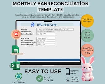 Monthly Bank Reconciliation Template: Google Sheets Financial Tracker (Digital Download)