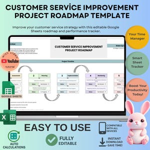 Può includere: Uno schermo di un laptop mostra un "Modello di roadmap del progetto di miglioramento del servizio clienti". L'immagine include il testo "Facile da usare", "Completamente modificabile" e "Download istantaneo - Risparmia tempo!" Un coniglietto rosa è a destra.