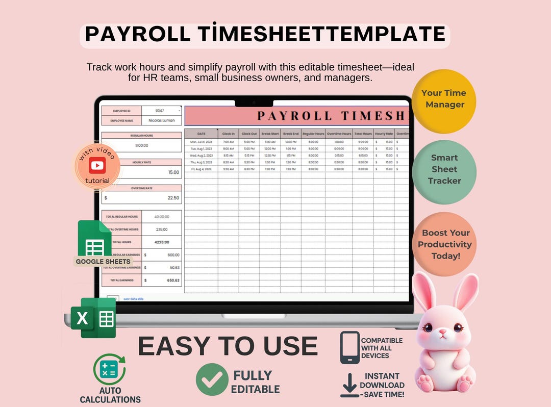 Payroll Timesheet Template Google Sheets, Editable Employee Work Hours ...