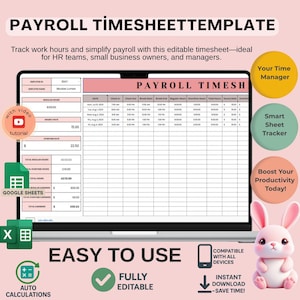 Payroll Timesheet Template Google Sheets: Employee Work Hours Tracker (Digital Download)