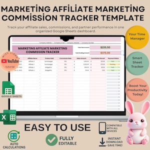Suivi des commissions du marketing d'affiliation : modèle modifiable de feuilles de calcul Google (téléchargement numérique)