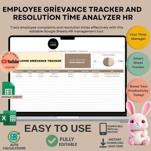 May include: A laptop screen shows an "Employee Grievance Tracker" template. The image includes icons for YouTube, Google Sheets, and Excel, along with a pink bunny. Text includes "Easy to Use" and "Fully Editable."