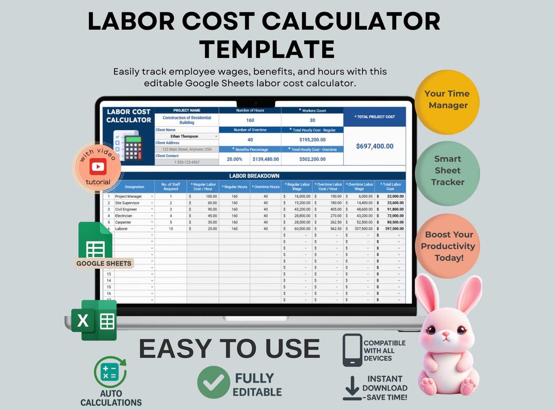 Google Sheets Labor Cost Calculator, Employee Wage Tracker (digital ...
