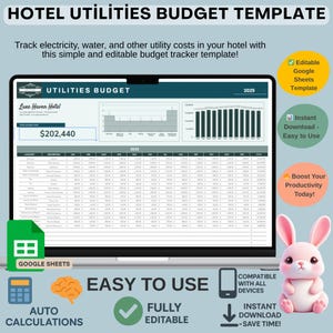 May include: A laptop screen shows a hotel utilities budget template. The spreadsheet displays financial data, charts, and the text "Hotel Utilities Budget Template." Additional text includes "Easy to Use," "Fully Editable," and "Instant Download."