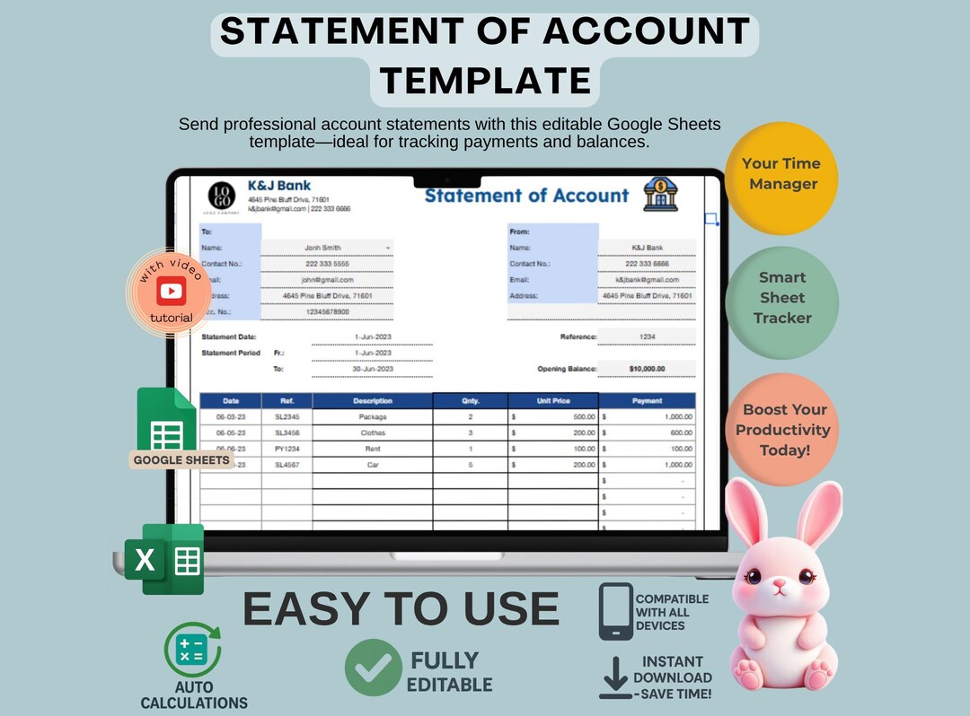 Statement of Account Template Google Sheets, Editable Customer Account ...