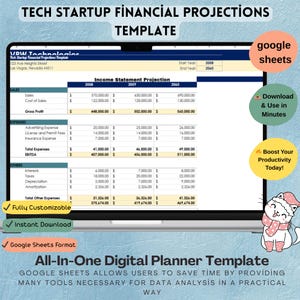 Modèle de projections financières pour startups technologiques, feuilles Google modifiables, outil de prévision budgétaire sur 5 ans, téléchargement numérique, feuille de calcul du directeur financier