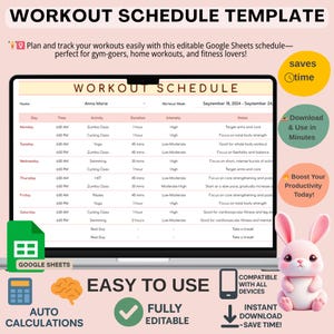 Workout Schedule Template for Google Sheets, Editable Fitness Planner Spreadsheet for Weekly Gym and Home Training Routines