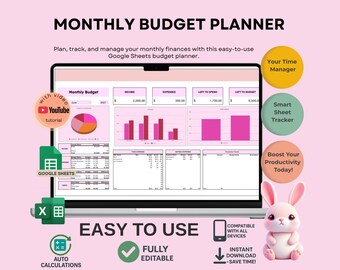 Monthly Budget Planner for Personal & Business Finance, Editable Google Sheets, Digital Download