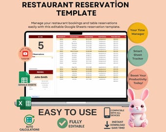 Restaurant Reservation Template for Booking Management, Editable Google Sheets, Digital Download