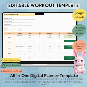 Editable Workout Template, Digital Fitness Tracker, Google Sheets Exercise Planner, Home Gym Workout Log, Instant Download