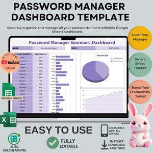 Puede incluir: Una pantalla de portátil muestra una plantilla de panel de control de administrador de contraseñas. La plantilla incluye gráficos y un panel de resumen. También hay iconos de YouTube, Google Sheets y un conejito rosa.