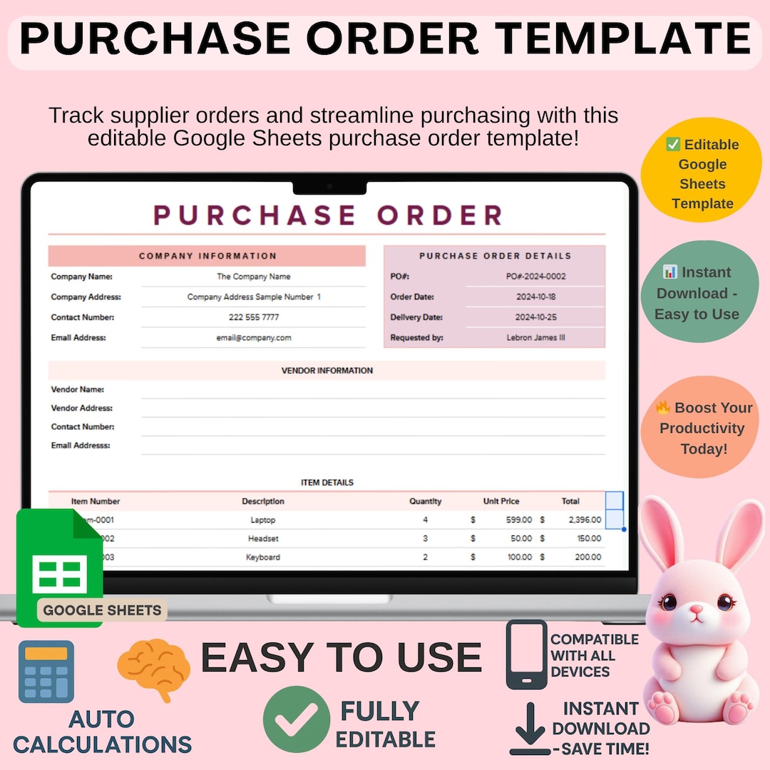 Purchase Order Template Google Sheets, Editable Business Order Form for ...