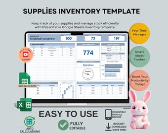 Supplies Inventory Template: Editable Google Sheets Stock Tracker (Digital Download