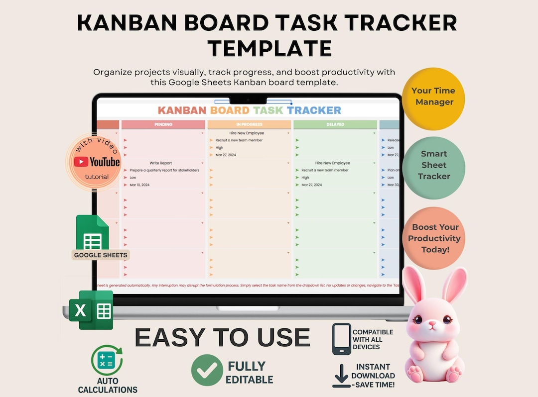 Kanban Board Task Tracker Template for Project Management, Editable ...