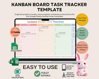 Kanban Board Task Tracker Template for Project Management, Editable Google Sheets, Digital Download