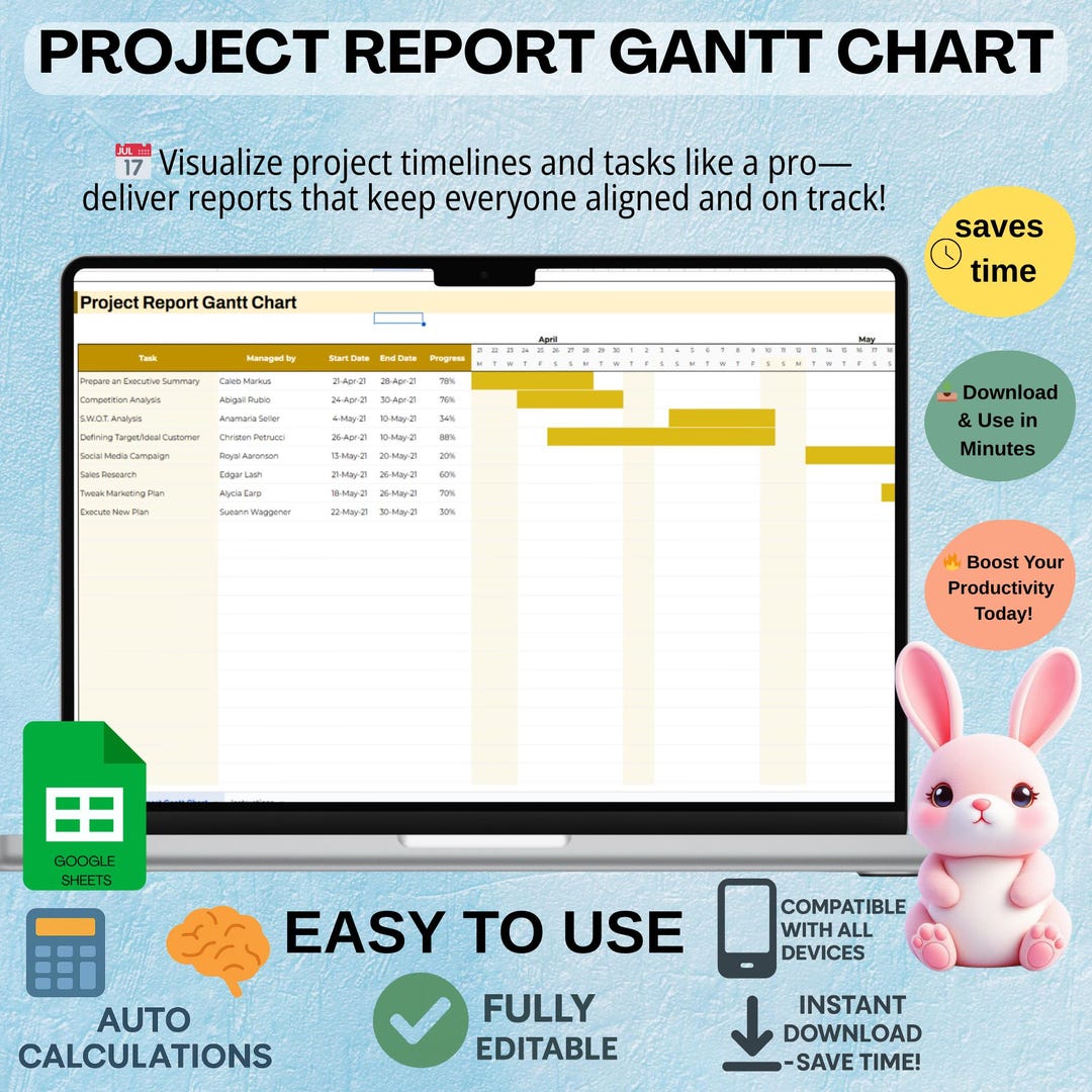 Project Report Gantt Chart Template, Editable Google Sheets for Project ...