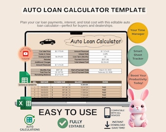 Auto Loan Calculator Template, Editable Google Sheets, Digital Download for Car Buyers