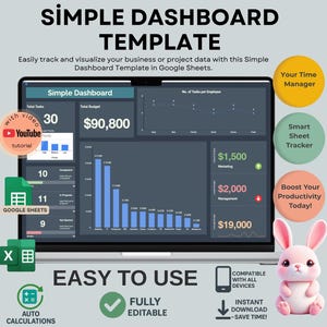 Modelo de painel de controle simples, Planilhas Google, Análise de dados editável, Rastreador de desempenho empresarial, Download digital