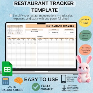 May include: A digital template for a restaurant tracker. The template includes sections for sales, inventory, and a calendar. The template is compatible with all devices and is fully editable. The text "RESTAURANT TRACKER TEMPLATE" is at the top of the image. The text "EASY TO USE" is in the center of the image. The text "FULLY EDITABLE" is below the text "EASY TO USE". The text "COMPATIBLE WITH ALL DEVICES" is on the right side of the image. The text "INSTANT DOWNLOAD -SAVE TIME!" is below the text "COMPATIBLE WITH ALL DEVICES".