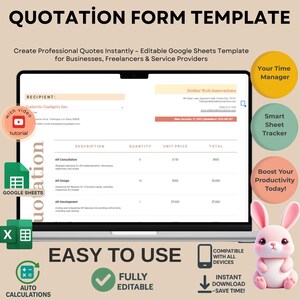 Quotation Form Template for Business Pricing, Editable Google Sheets, Digital Download
