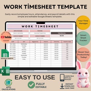 Work Timesheet Template for Employee Time Tracking, Editable Google Sheets, Digital Download