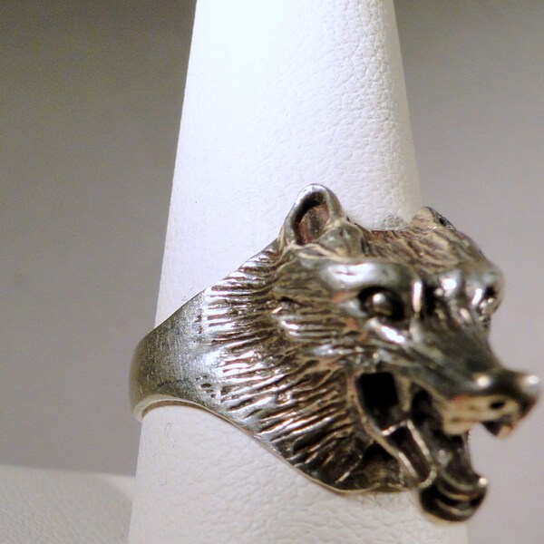 SALE Sterling Ring Wolf Face High Relief Open Mouth Huge 7 7-1/2